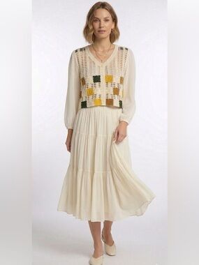 Hand Made Bohemian Cream Crochet Button Cardigan with Yellow & Green Accents